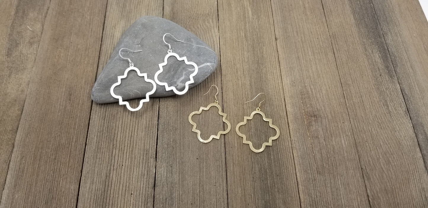 Brushed gold or silver quatrefoil earrings