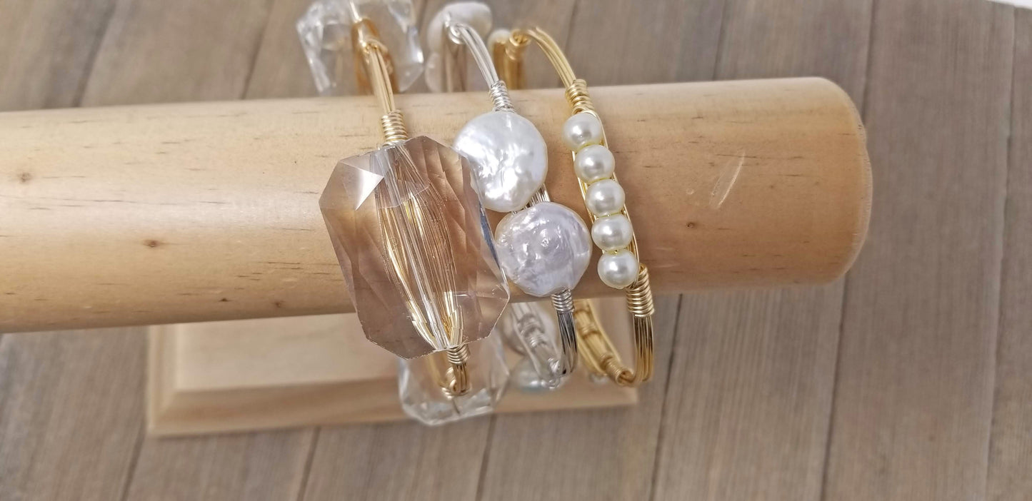 Crystal and keshi pearls set of 3 bangle bracelets