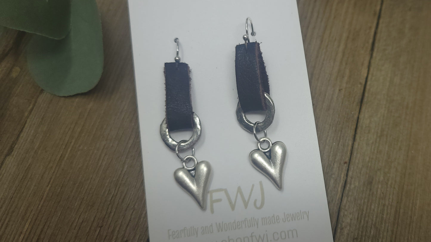 Leather and pewter earring with silver or gold heart or gold or silver cross