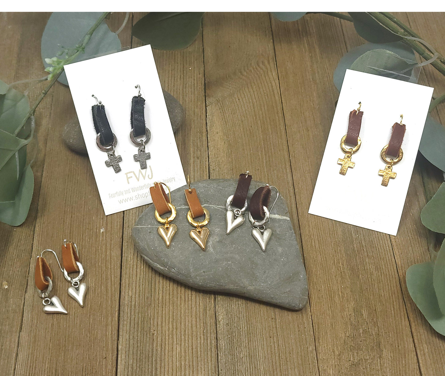 Leather and pewter earring with silver or gold heart or gold or silver cross