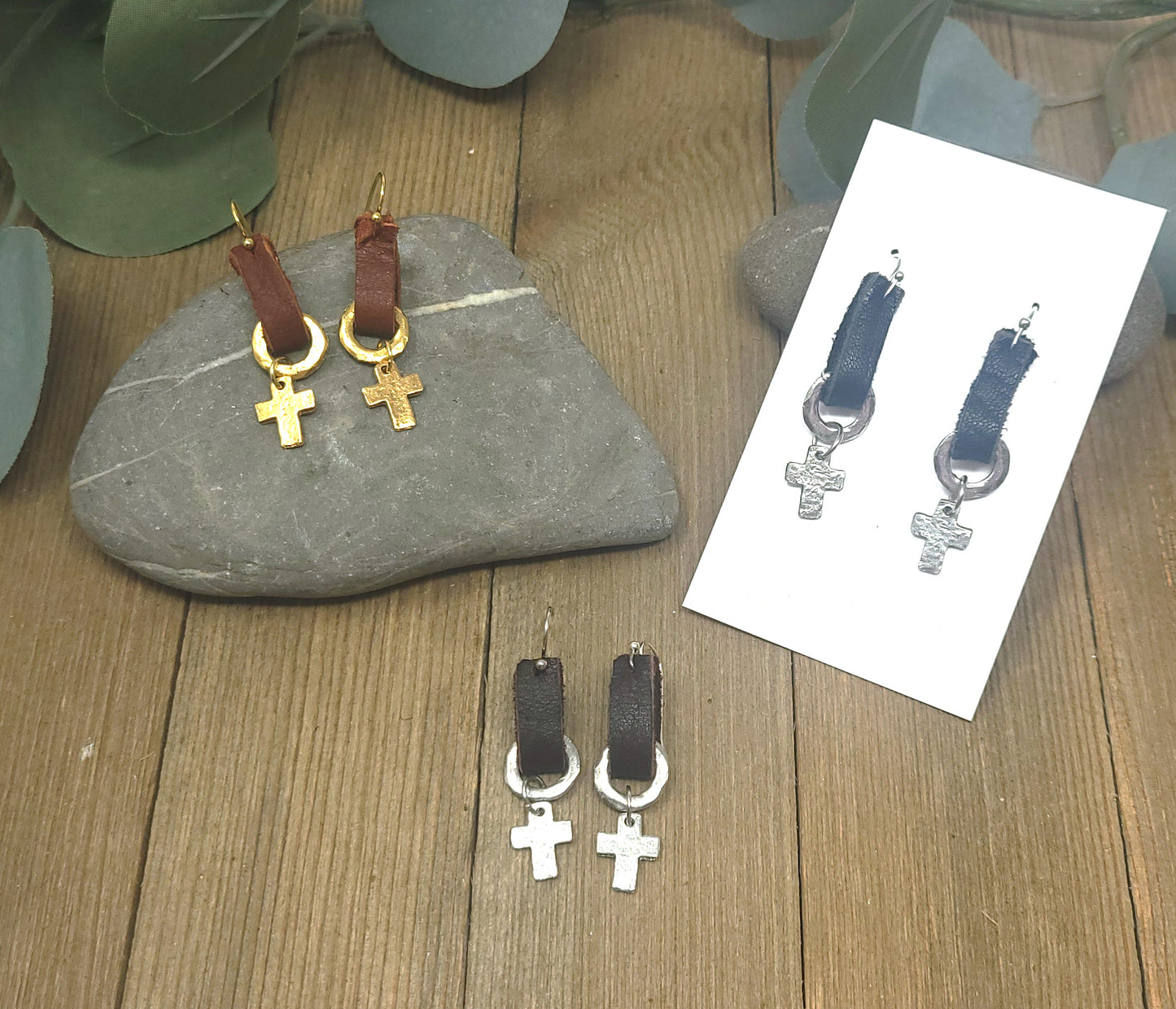 Leather and pewter earring with silver or gold heart or gold or silver cross
