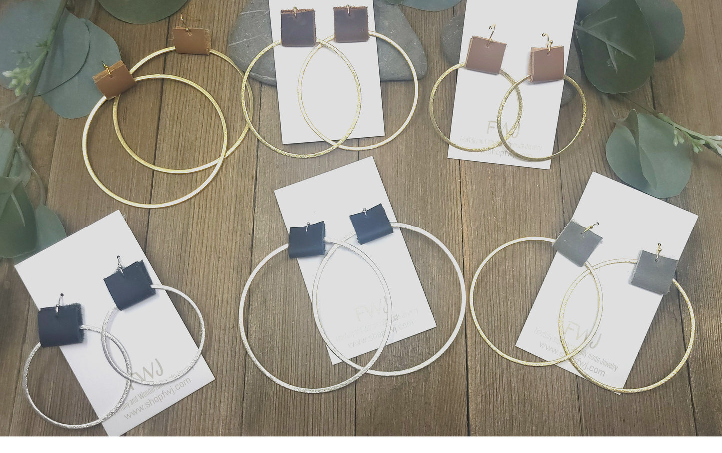 Hoop earrings with leather loop, Brushed gold or silver hoop earrings with leather accents--3 sizes/ 4 shades of leather