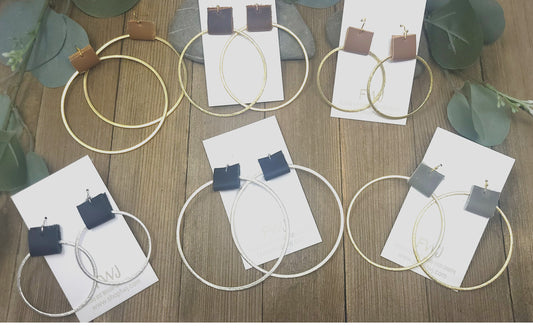 Hoop earrings with leather loop, Brushed gold or silver hoop earrings with leather accents--3 sizes/ 4 shades of leather