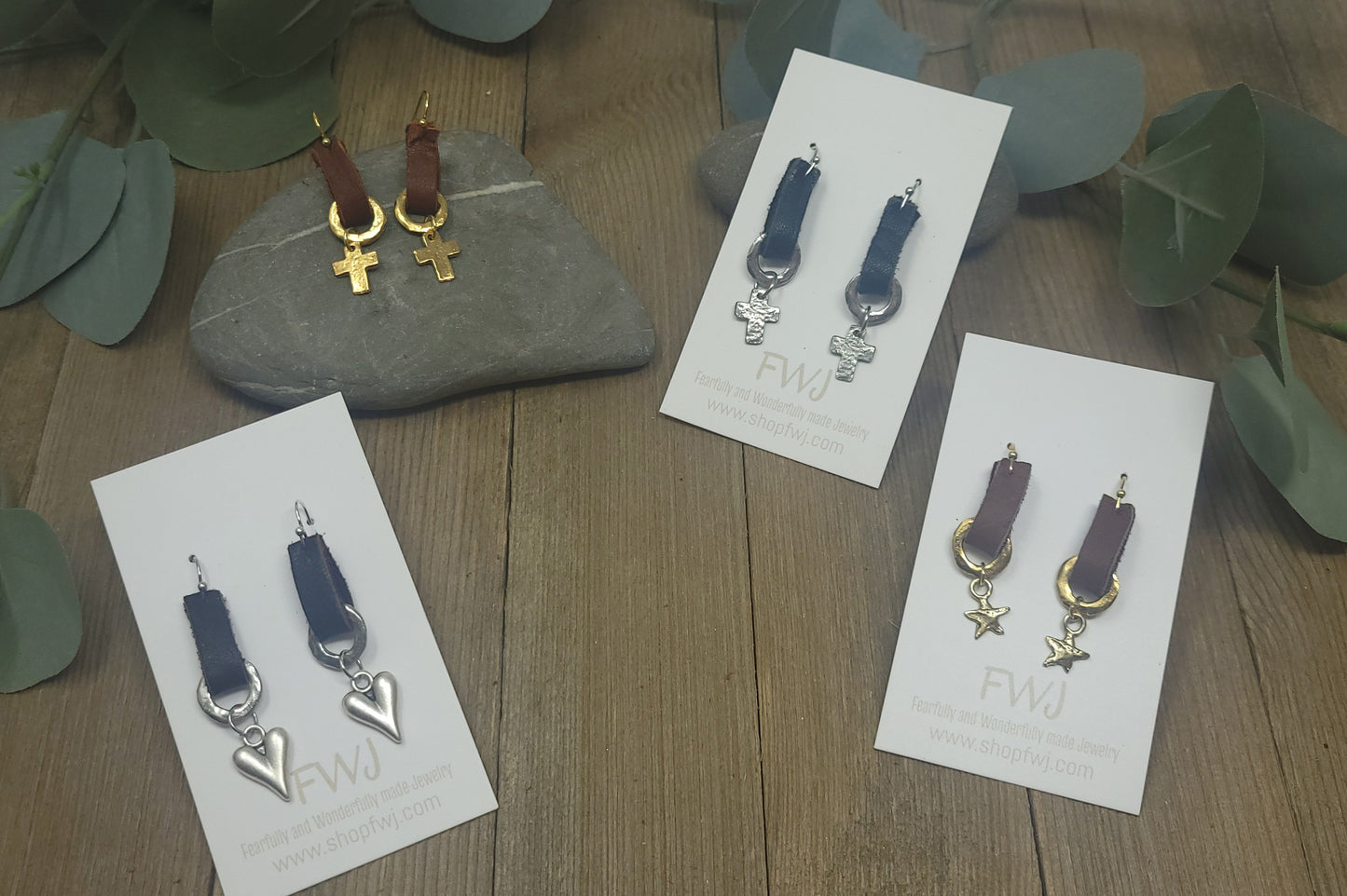 Leather and pewter earring with silver or gold heart or gold or silver cross