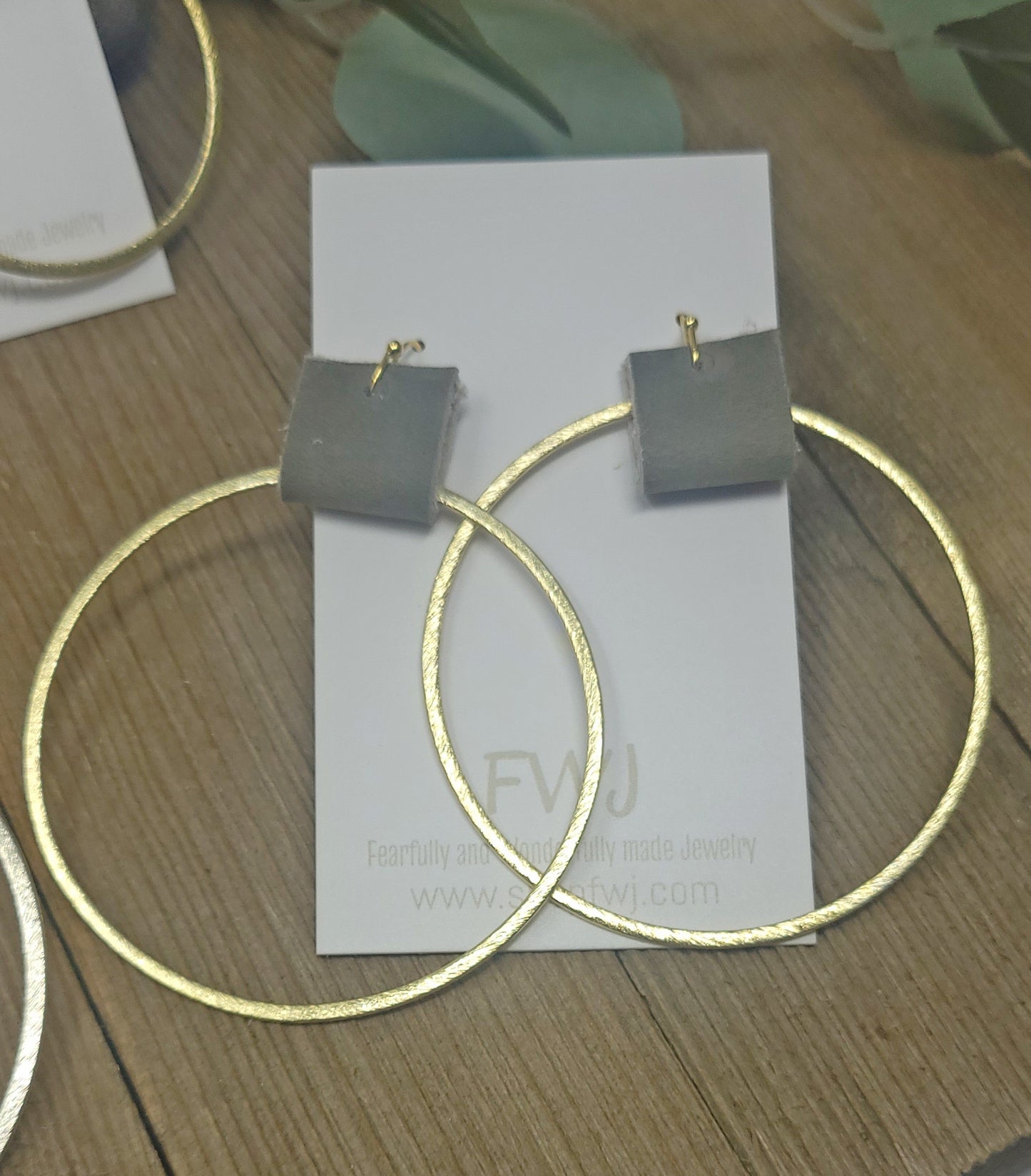 Hoop earrings with leather loop, Brushed gold or silver hoop earrings with leather accents--3 sizes/ 4 shades of leather