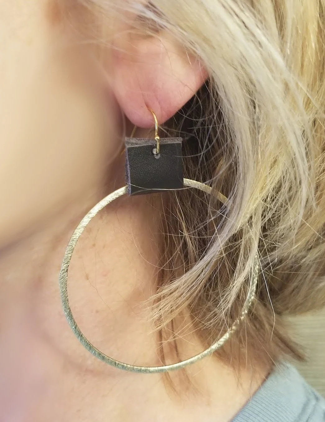 Hoop earrings with leather loop, Brushed gold or silver hoop earrings with leather accents--3 sizes/ 4 shades of leather