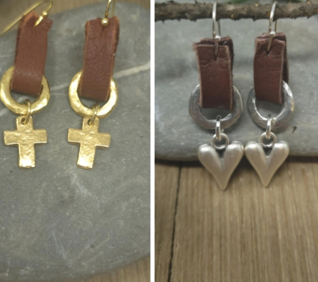 Leather and pewter earring with silver or gold heart or gold or silver cross