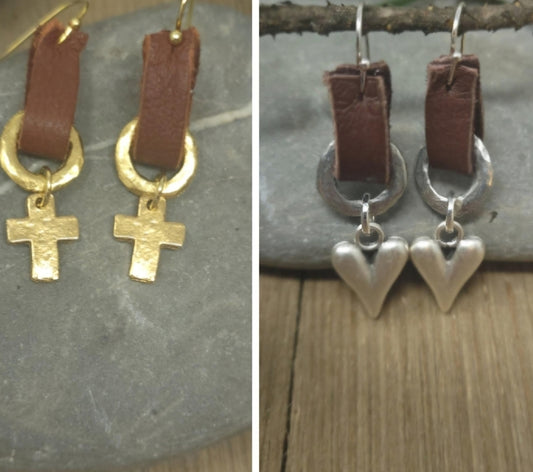 Leather and pewter earring with silver or gold heart or gold or silver cross