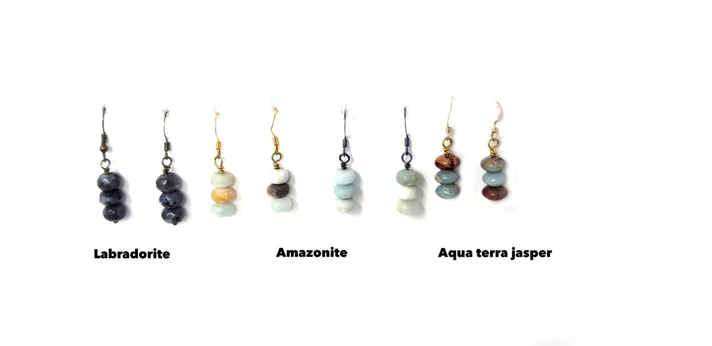 Three stone drop earrings--Aqua terra jasper, labradorite, or amazonite
