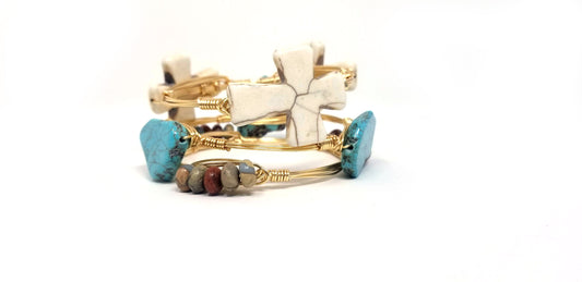 White cross bracelet,  turquoise howlite,  aqua terra jasper bangle set