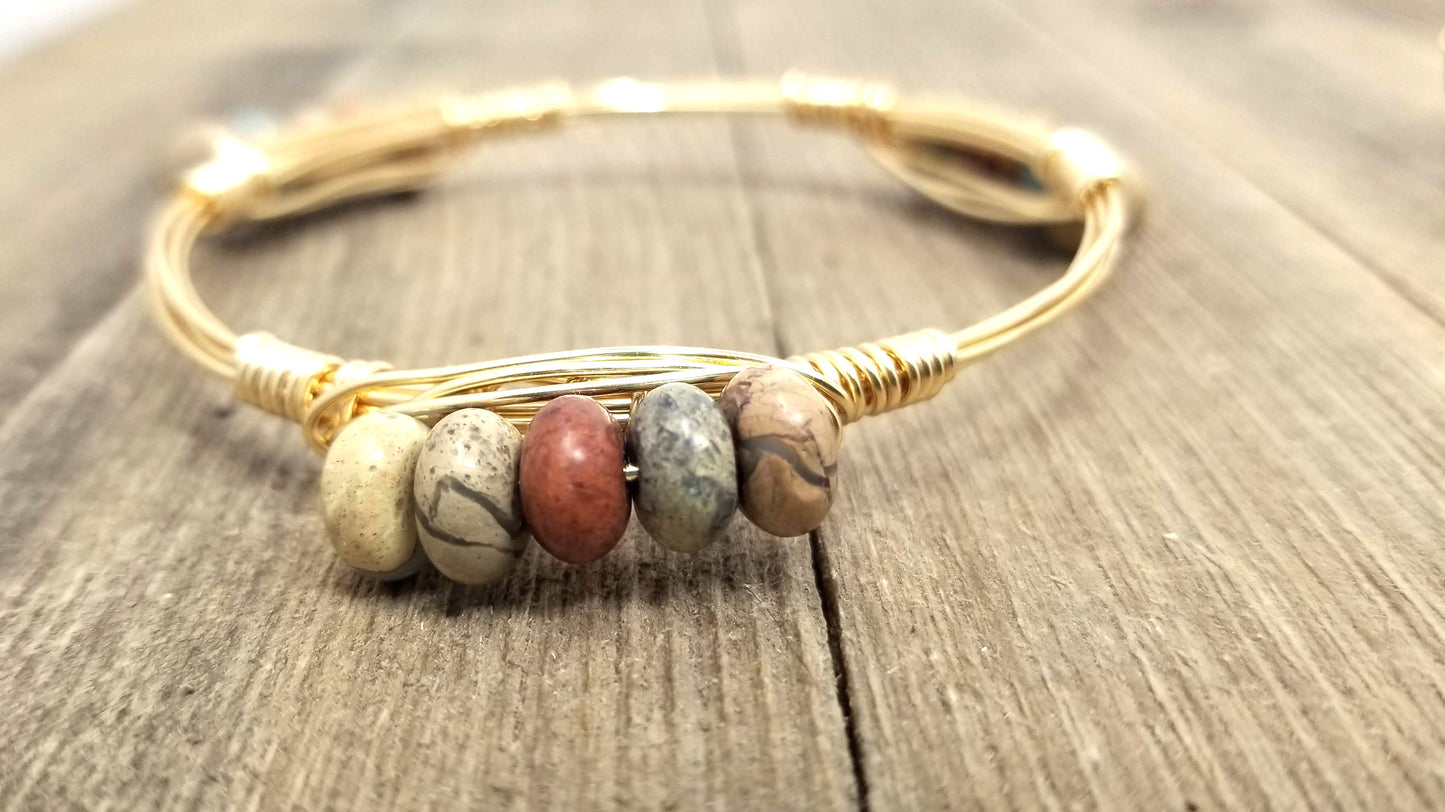 White cross bracelet,  turquoise howlite,  aqua terra jasper bangle set