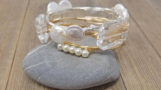 Crystal and keshi pearls set of 3  bangle bracelets