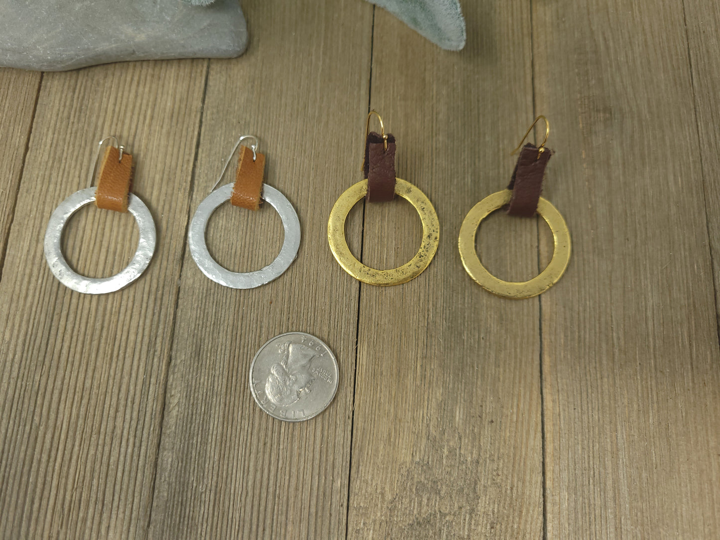 Medium pewter hoop earrings in antique gold or antique silver with leather loops