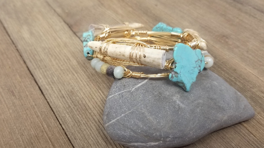 Turquoise bracelet, amazonite bangle and antler bangle set of 3 designer bangle bracelets