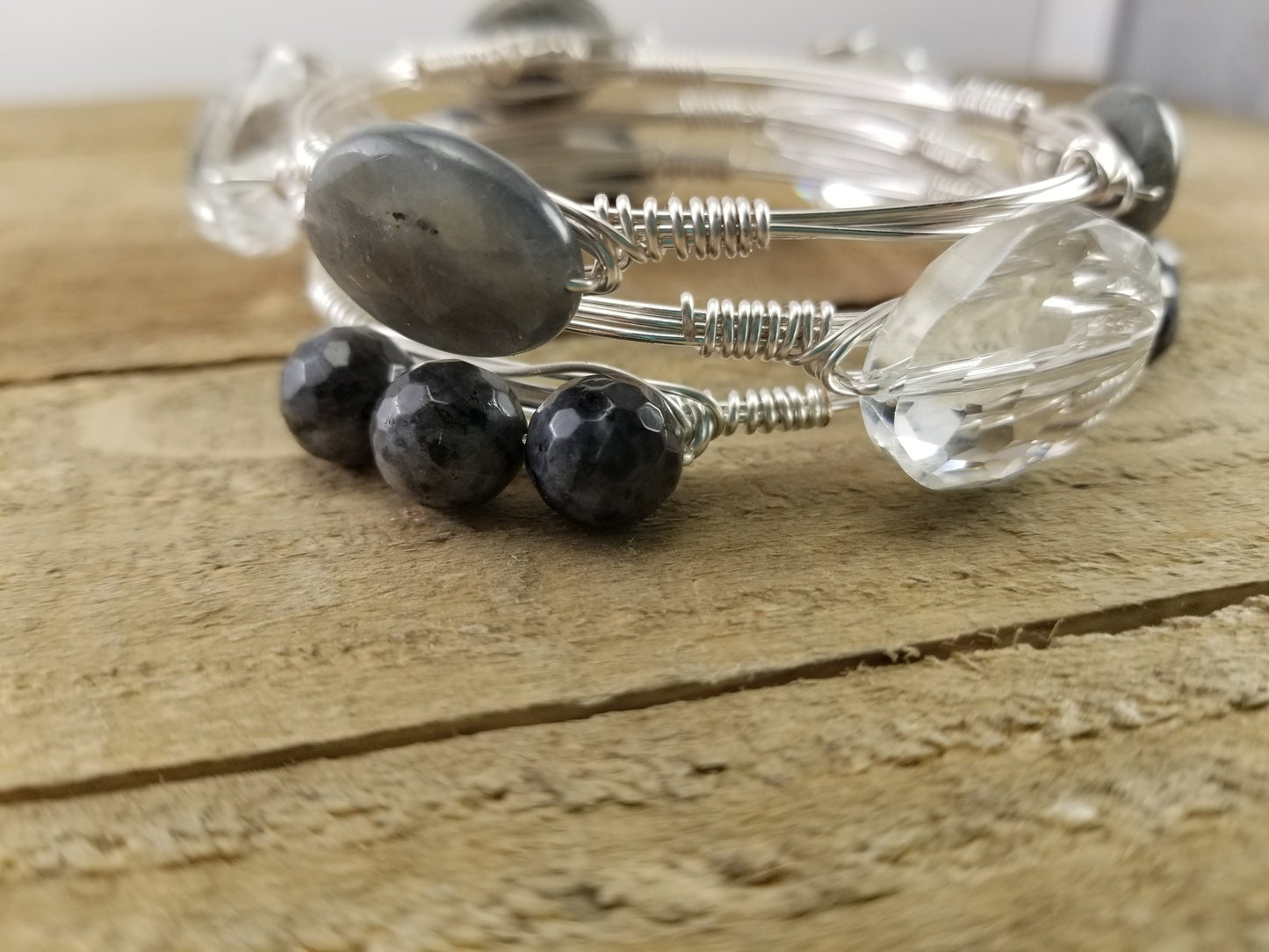 Labradorite oval bangle, clear crystal, and labradorite cluster bangle set of 3