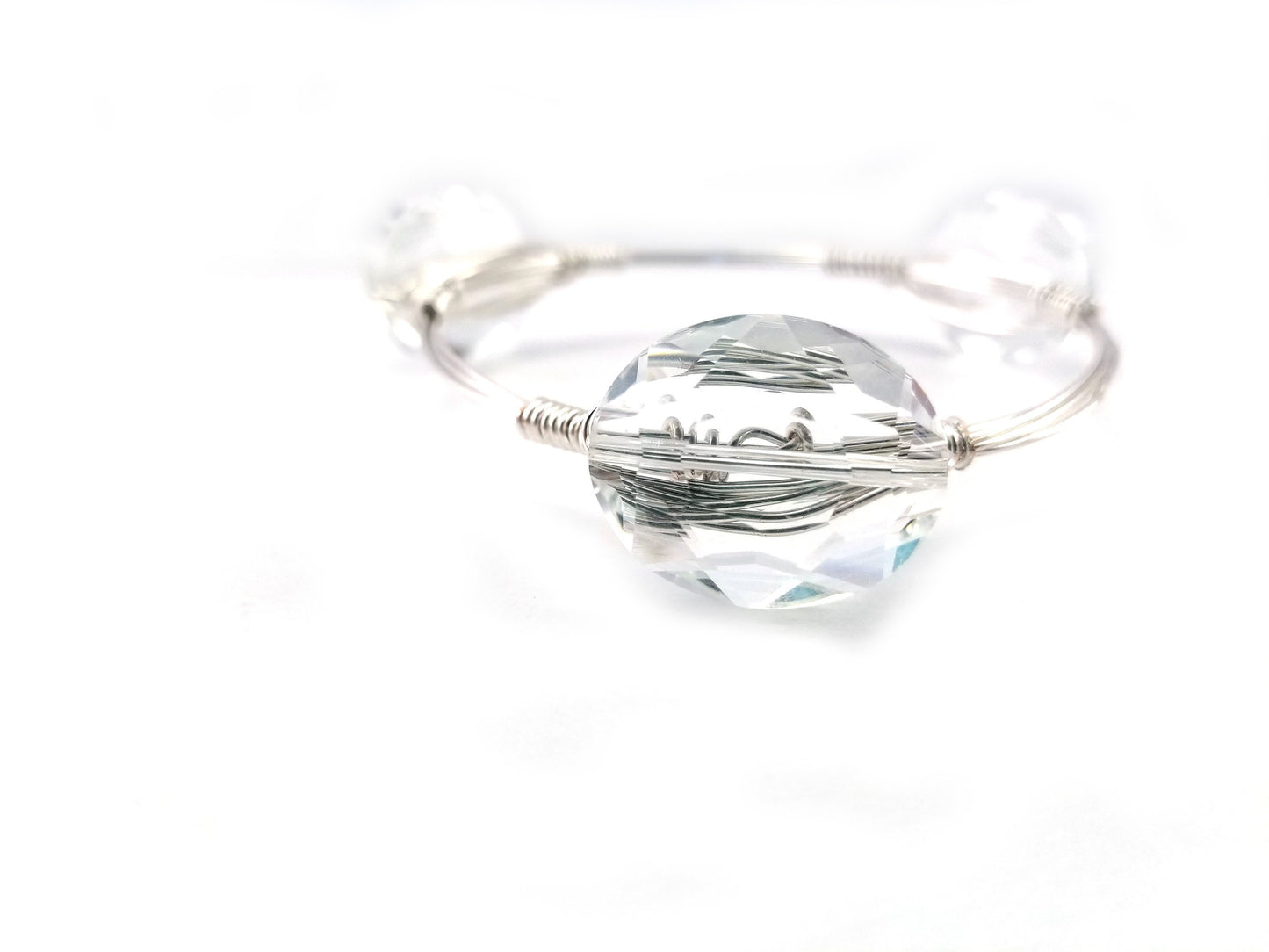 Labradorite oval bangle, clear crystal, and labradorite cluster bangle set of 3