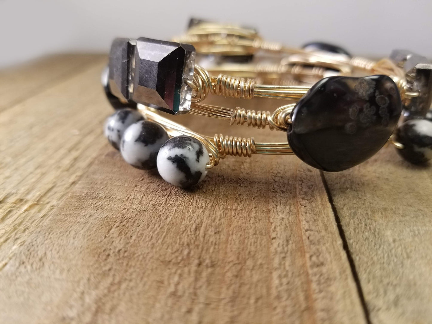 Zebra jasper bangle-black crystal bracelet-black agate bangle set