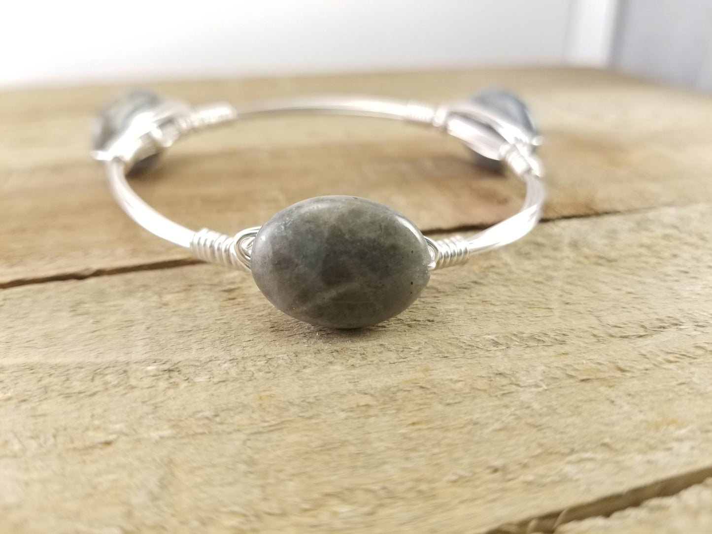 Labradorite oval bangle, clear crystal, and labradorite cluster bangle set of 3