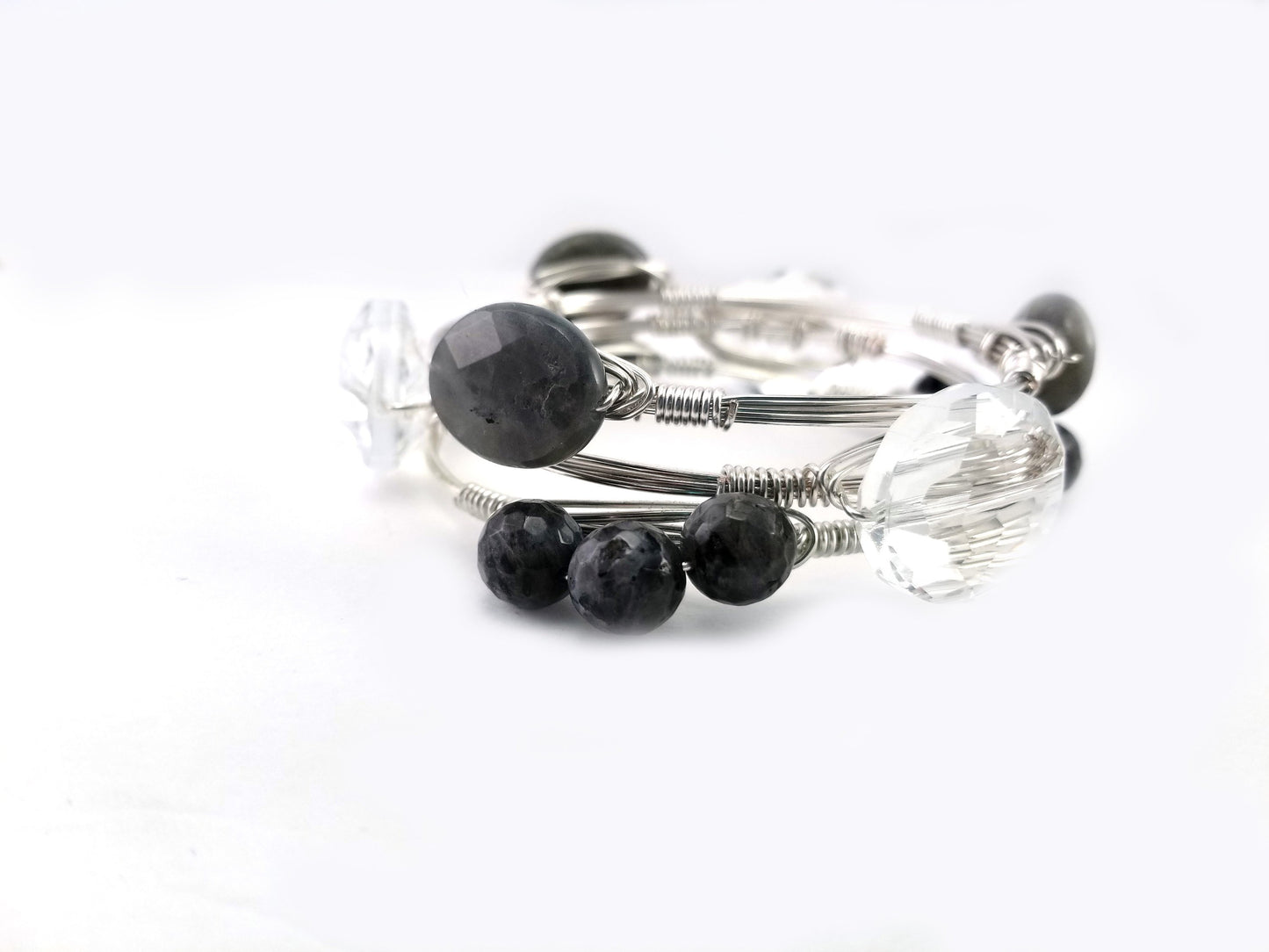 Labradorite oval bangle, clear crystal, and labradorite cluster bangle set of 3
