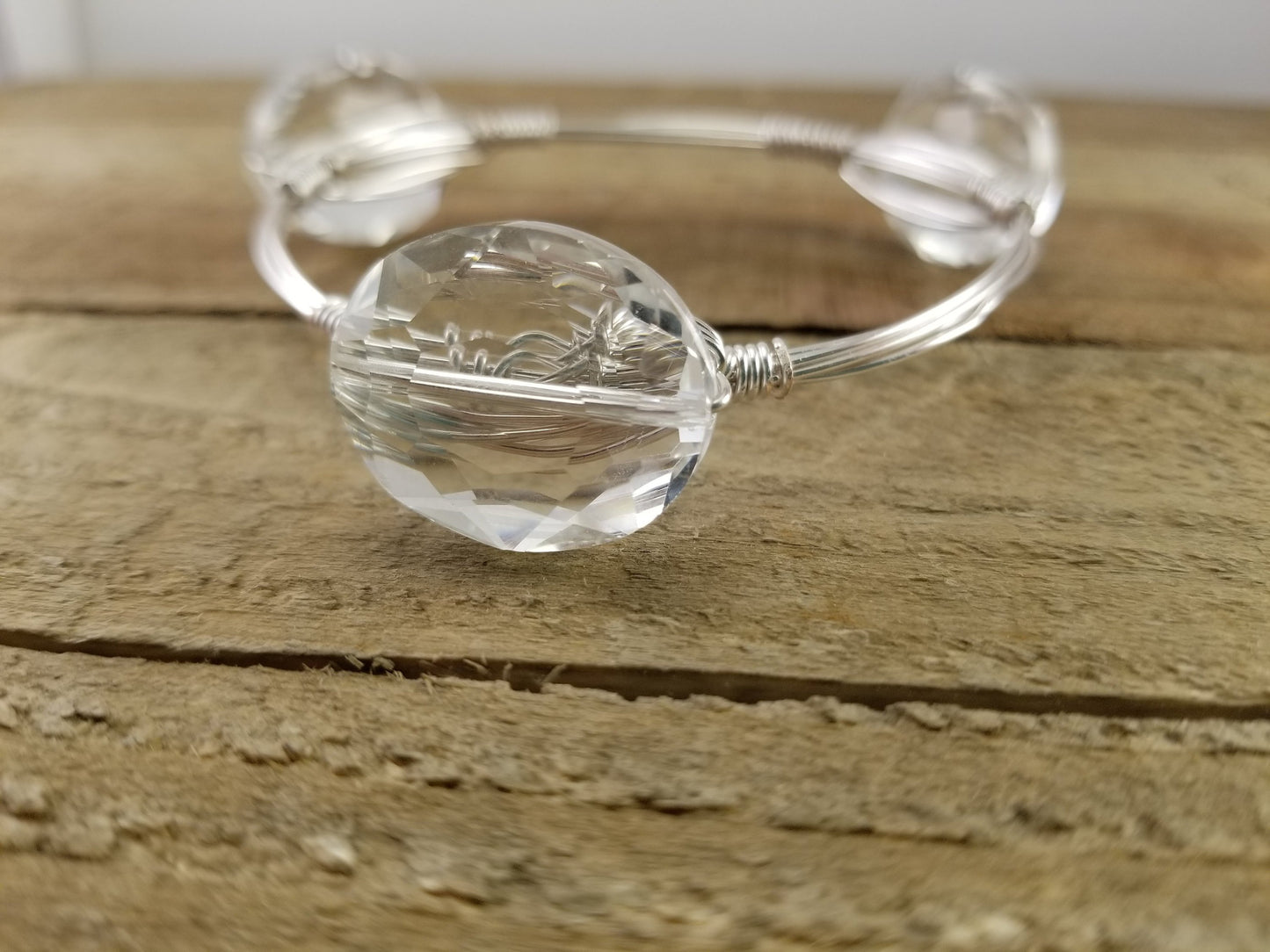 Labradorite oval bangle, clear crystal, and labradorite cluster bangle set of 3