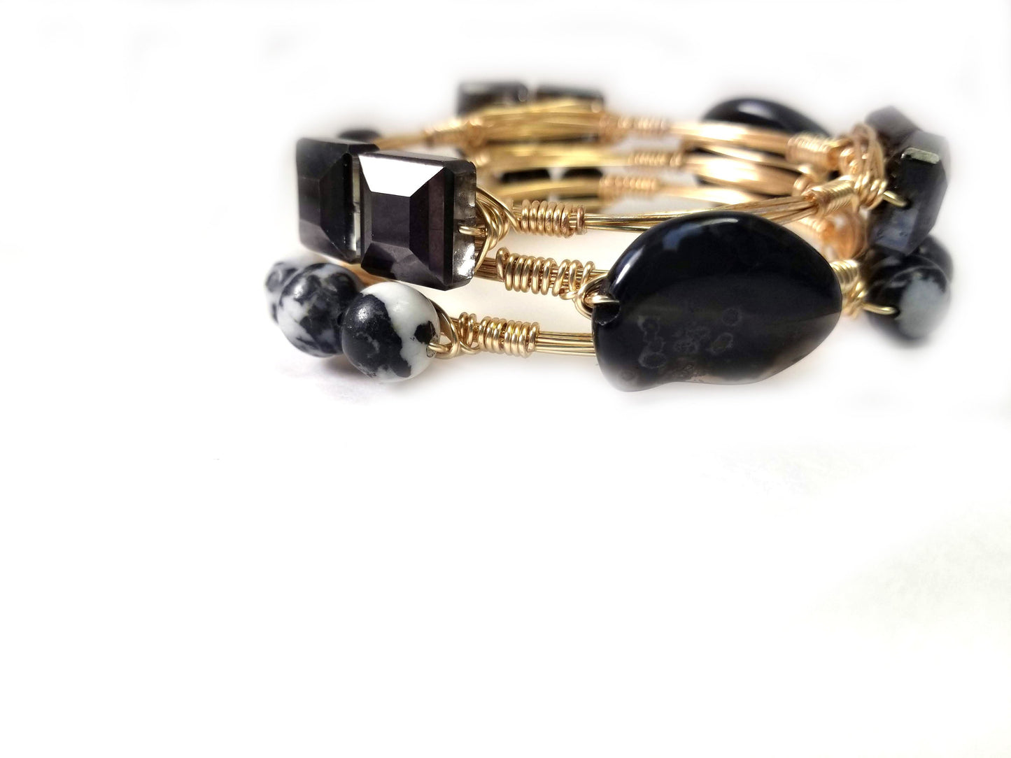 Zebra jasper bangle-black crystal bracelet-black agate bangle set