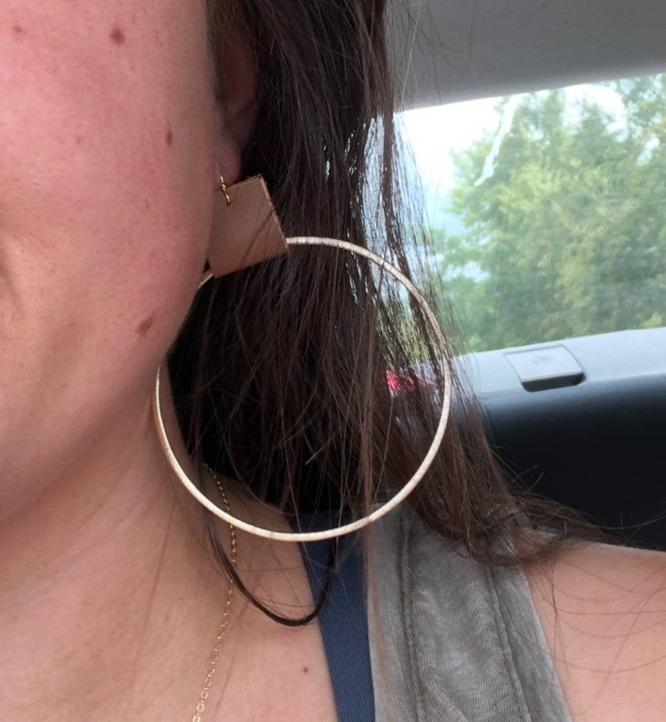 Hoop earrings with leather loop, Brushed gold or silver hoop earrings with leather accents--3 sizes/ 4 shades of leather